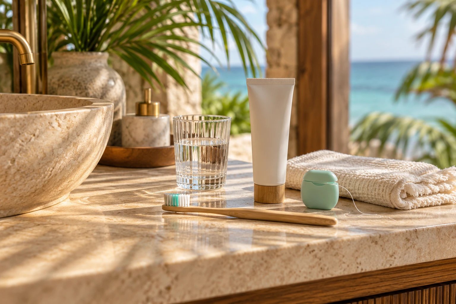 A bamboo toothbrush, toothpaste, a glass of water and a mint-green floss case on a sunlit stone vanity, with palm fronds and a turquoise ocean view behind