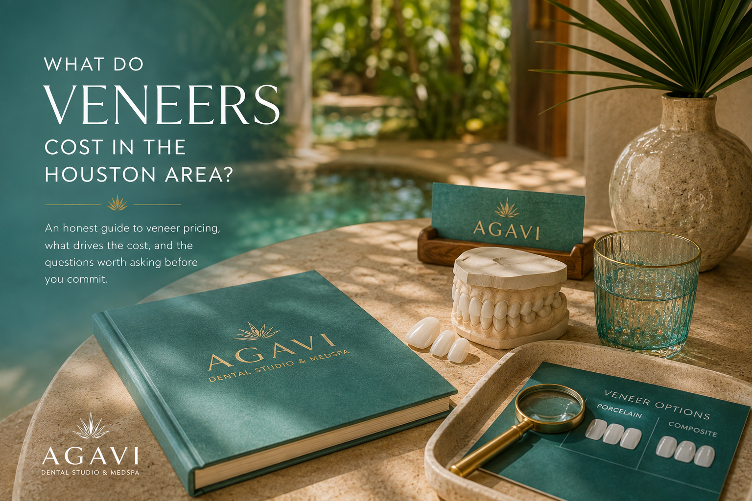 “What Do Veneers Cost in the Houston Area?” over a styled flat-lay of a teal AGAVI Dental Studio + Medspa notebook, porcelain and composite veneer samples, a dental model, and a magnifying glass on a poolside table.