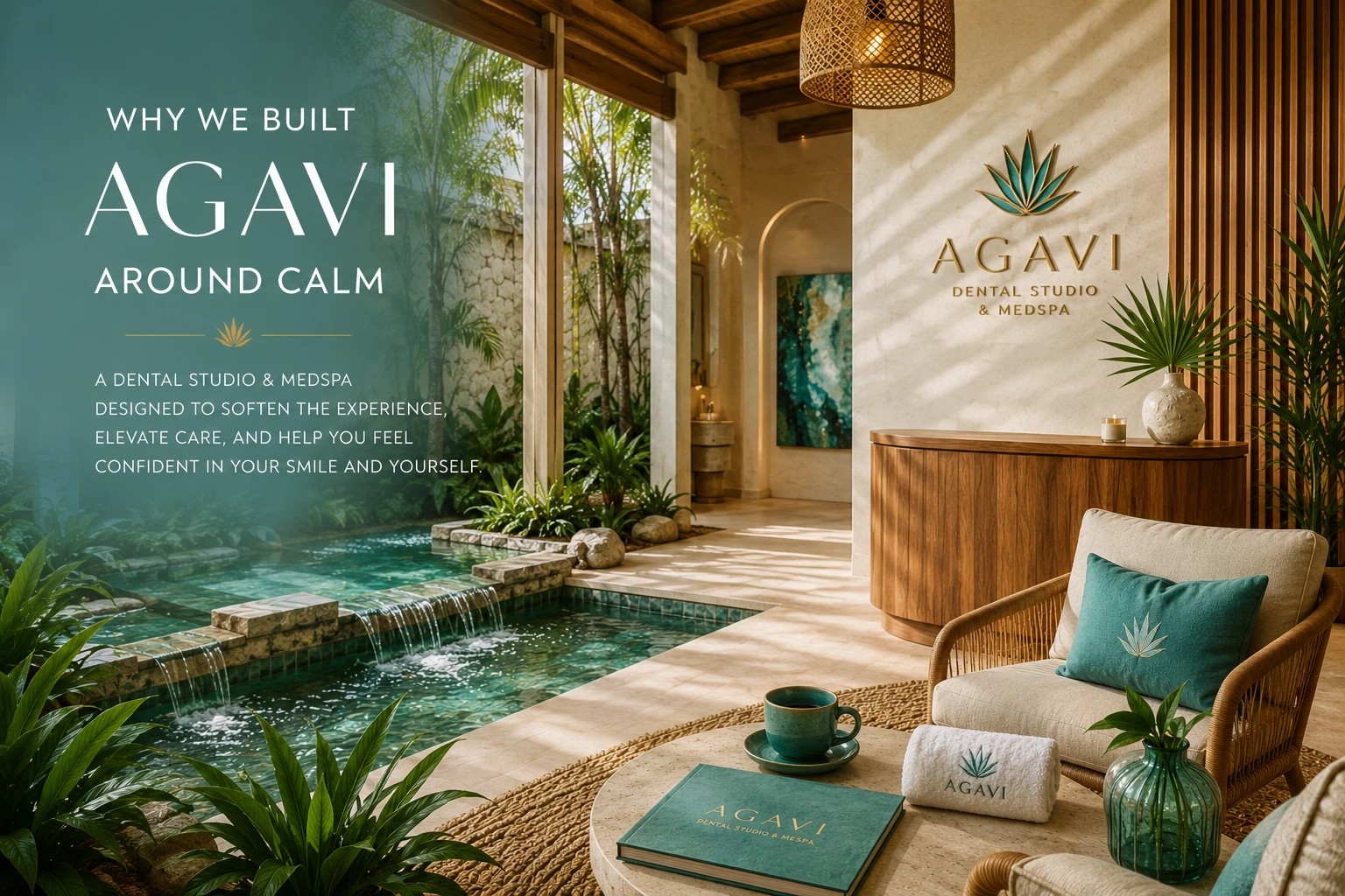 “Why We Built AGAVI Around Calm” over a wide photo of the AGAVI Dental Studio + Medspa lounge and reception, with a resort-style water feature, teak furniture, and the AGAVI agave-leaf mark on the wall.