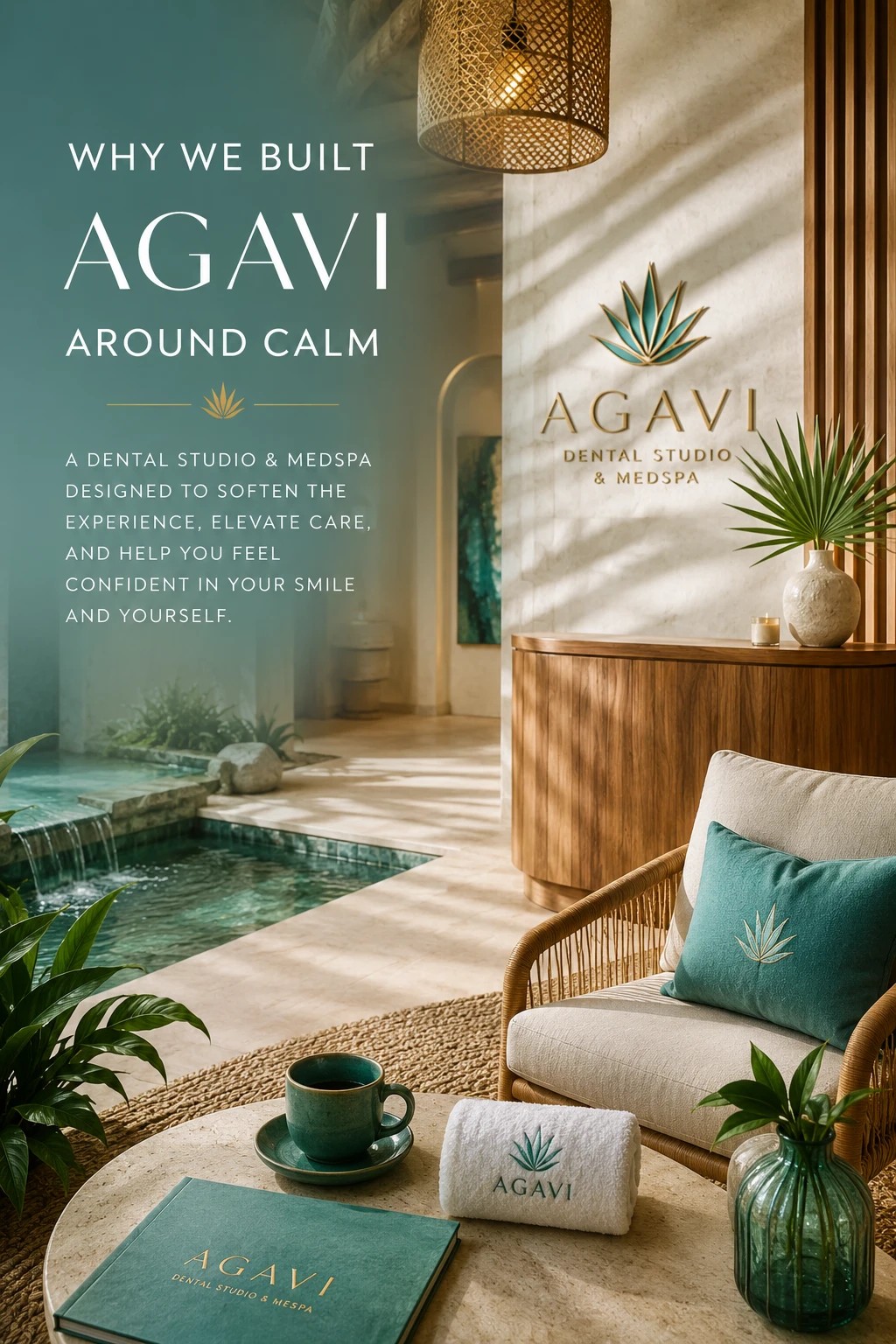 “Why We Built AGAVI Around Calm” over a photo of the AGAVI Dental Studio + Medspa lounge, with a resort-style pool, teak furniture, and the AGAVI agave-leaf mark on the reception wall.
