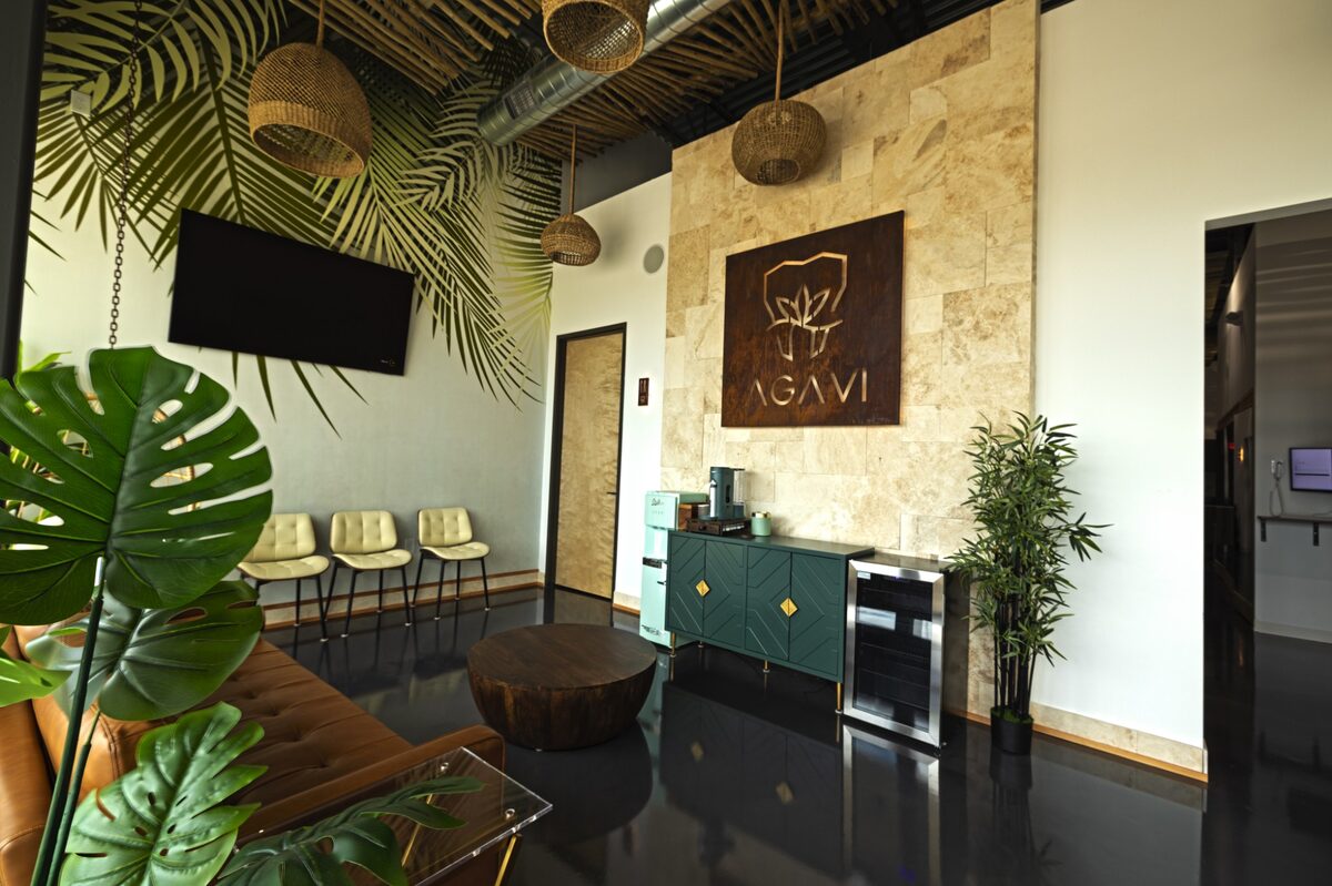 AGAVI Dental Studio lobby in Cypress, TX — travertine wall with the AGAVI sign, rattan pendants, and a palm mural