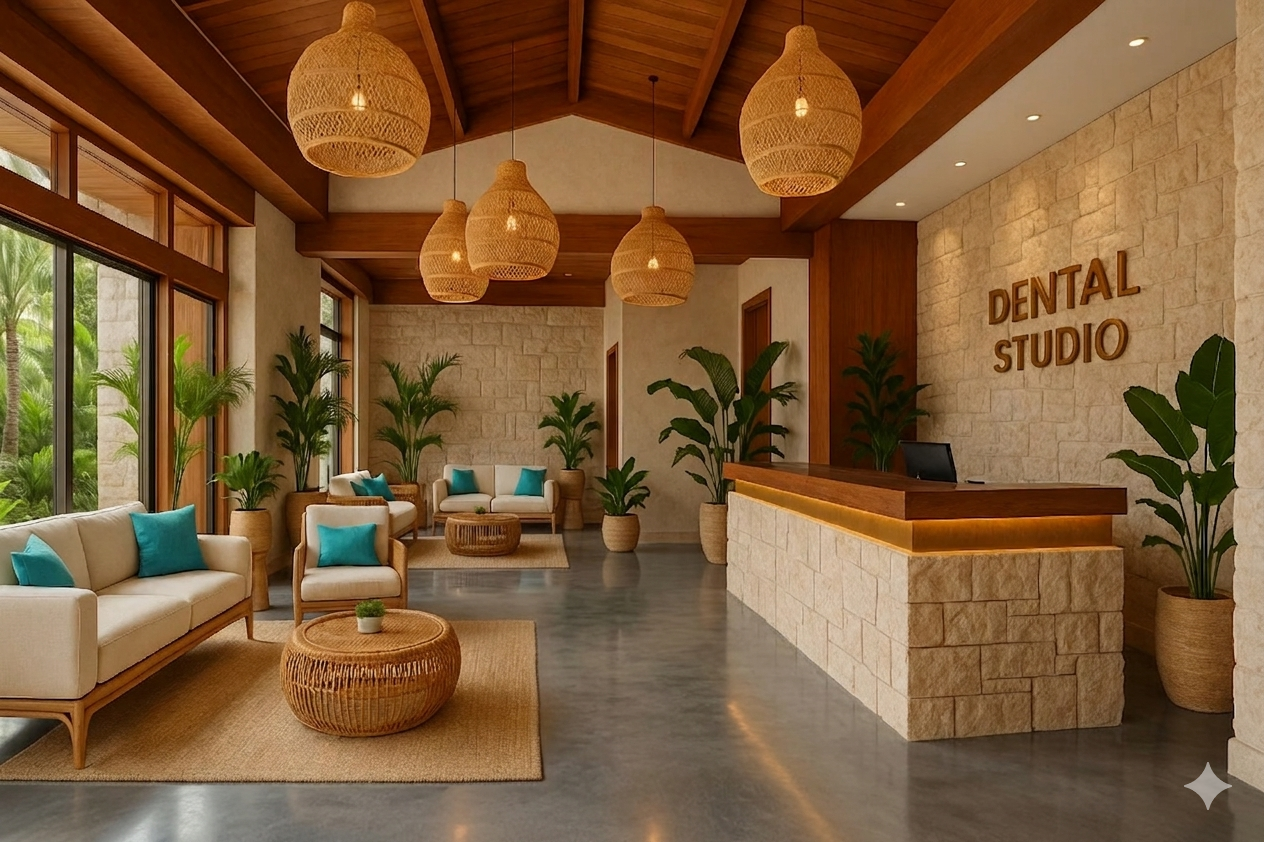 AGAVI Dental Studio lobby — warm stone, rattan pendants
