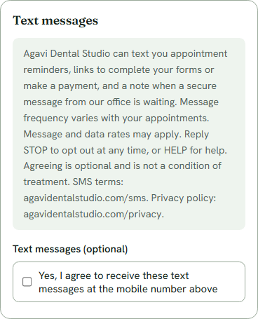 Patient Health History form: optional Text messages section with an unticked Yes, I agree checkbox